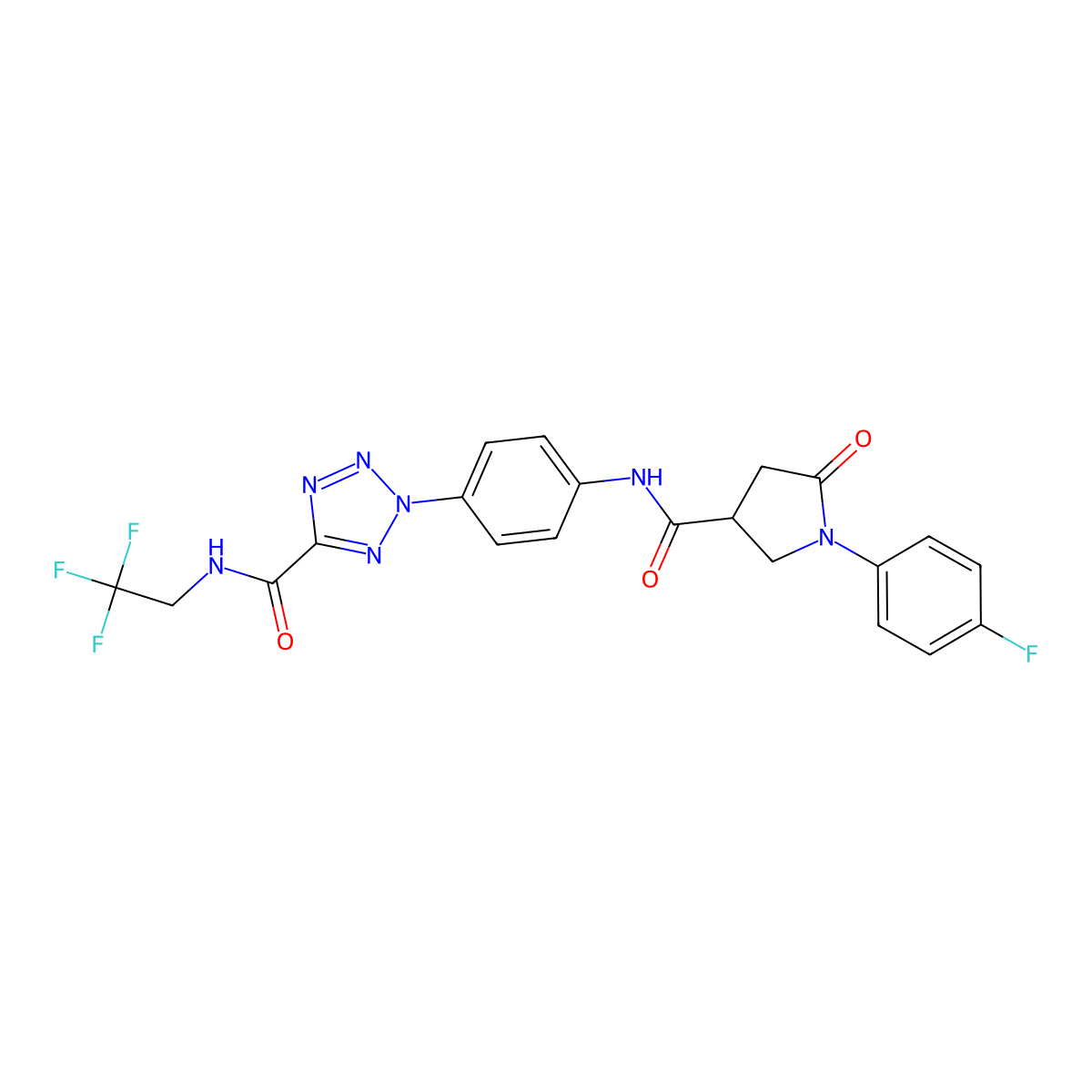 2-(4-(1-(4-fluorophenyl)-5-oxopyrrolidine-3-carboxamido)phenyl)-N-(2,2,2-trifluoroethyl)-2H-tetrazole-5-carboxamide molecular structure, CAS 1421584-51-1