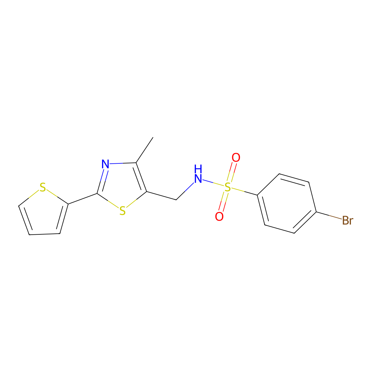 4-bromo-N-((4-methyl-2-(thiophen-2-yl)thiazol-5-yl)methyl)benzenesulfonamide molecular structure, CAS 1421584-76-0