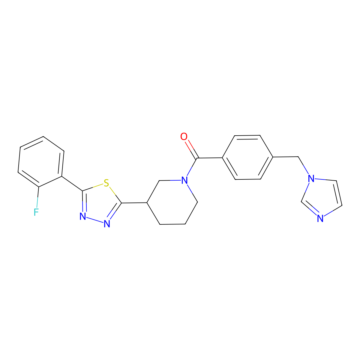 (4-((1H-imidazol-1-yl)methyl)phenyl)(3-(5-(2-fluorophenyl)-1,3,4-thiadiazol-2-yl)piperidin-1-yl)methanone molecular structure, CAS 1421584-83-9