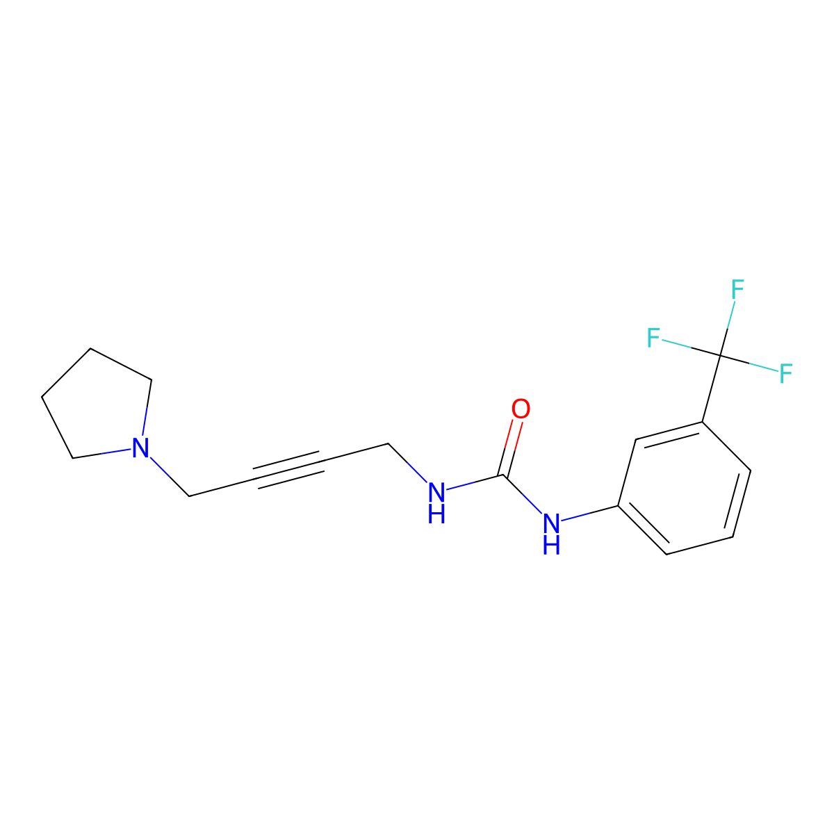 1-(4-(Pyrrolidin-1-yl)but-2-yn-1-yl)-3-(3-(trifluoromethyl)phenyl)urea molecular structure, CAS 1421584-88-4