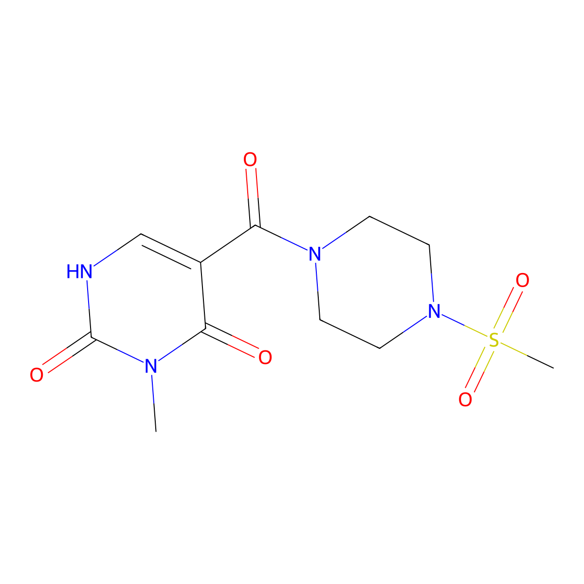 3-methyl-5-(4-(methylsulfonyl)piperazine-1-carbonyl)pyrimidine-2,4(1H,3H)-dione molecular structure, CAS 1421584-89-5