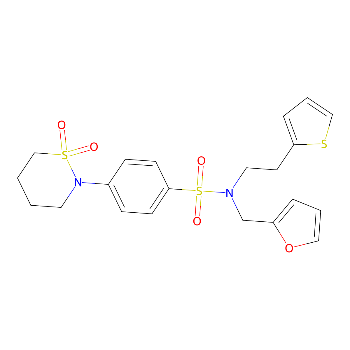 4-(1,1-dioxido-1,2-thiazinan-2-yl)-N-(furan-2-ylmethyl)-N-(2-(thiophen-2-yl)ethyl)benzenesulfonamide molecular structure, CAS 1421585-05-8