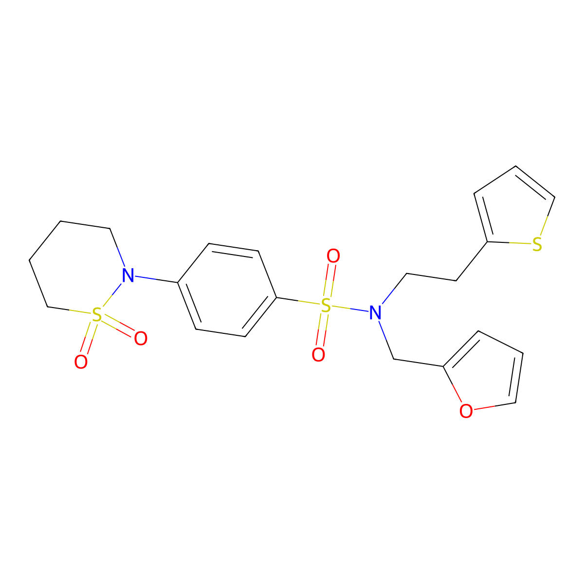 4-(1,1-dioxido-1,2-thiazinan-2-yl)-N-(furan-2-ylmethyl)-N-(2-(thiophen-2-yl)ethyl)benzenesulfonamide molecular structure, CAS 1421585-05-8