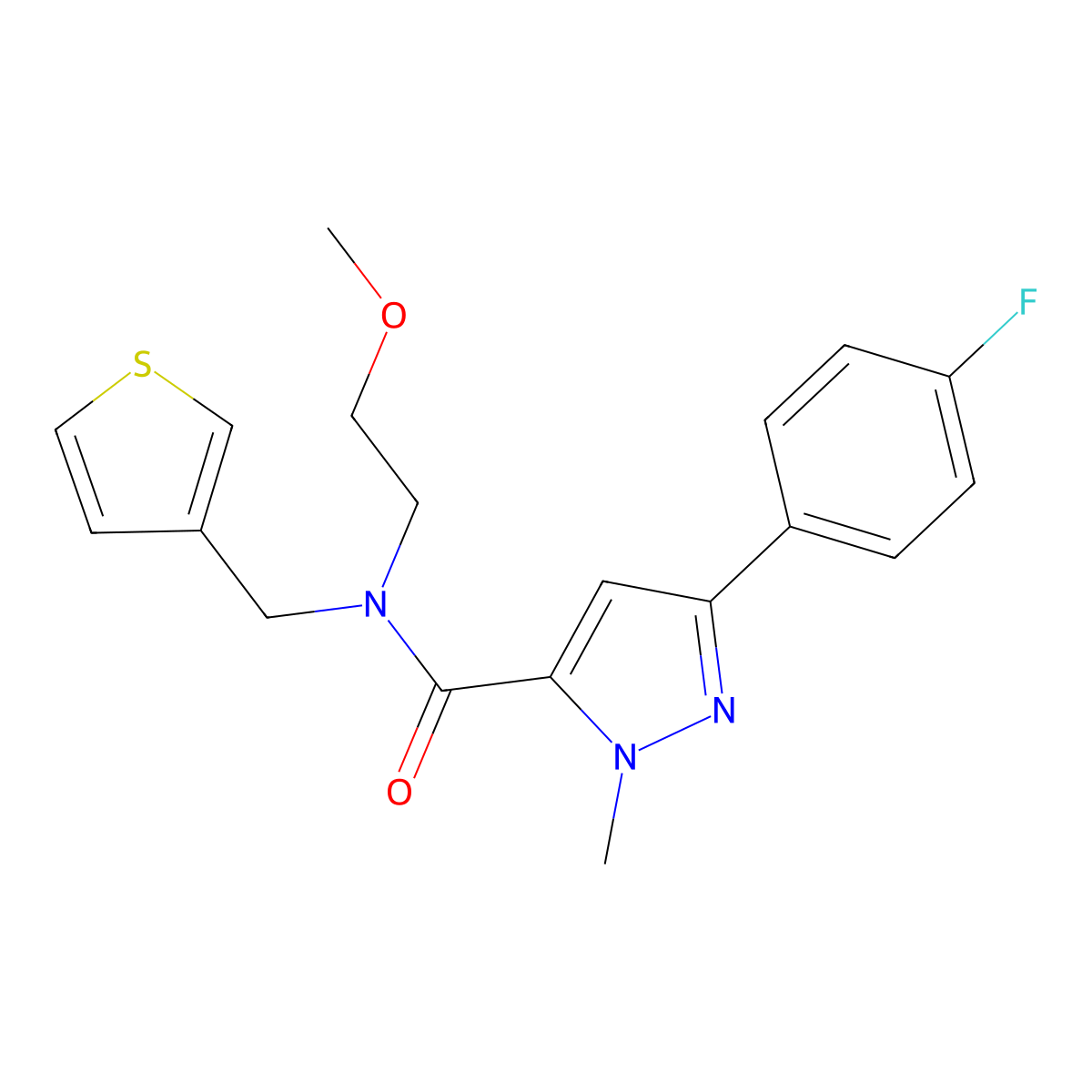3-(4-fluorophenyl)-N-(2-methoxyethyl)-1-methyl-N-(thiophen-3-ylmethyl)-1H-pyrazole-5-carboxamide molecular structure, CAS 1421585-08-1