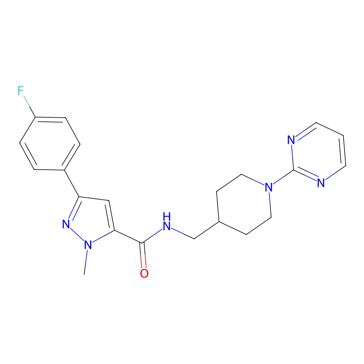 3-(4-fluorophenyl)-1-methyl-N-{[1-(pyrimidin-2-yl)piperidin-4-yl]methyl}-1H-pyrazole-5-carboxamide molecular structure, CAS 1421585-16-1