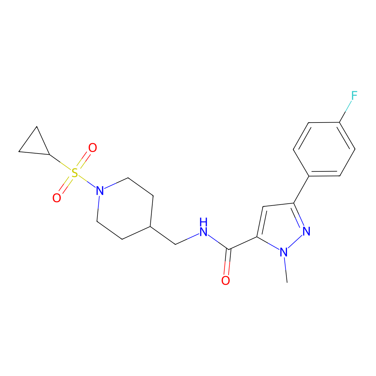 N-((1-(cyclopropylsulfonyl)piperidin-4-yl)methyl)-3-(4-fluorophenyl)-1-methyl-1H-pyrazole-5-carboxamide molecular structure, CAS 1421585-20-7