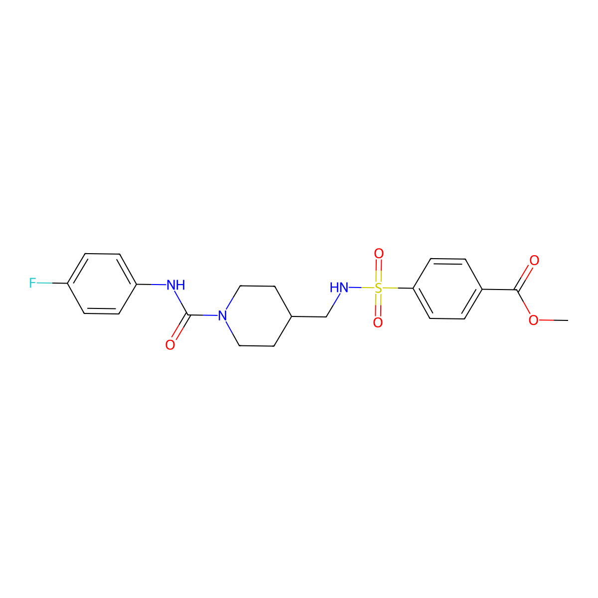 methyl 4-(N-((1-((4-fluorophenyl)carbamoyl)piperidin-4-yl)methyl)sulfamoyl)benzoate molecular structure, CAS 1421585-21-8