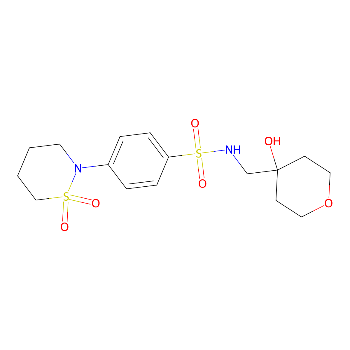 4-(1,1-dioxido-1,2-thiazinan-2-yl)-N-((4-hydroxytetrahydro-2H-pyran-4-yl)methyl)benzenesulfonamide molecular structure, CAS 1421585-26-3