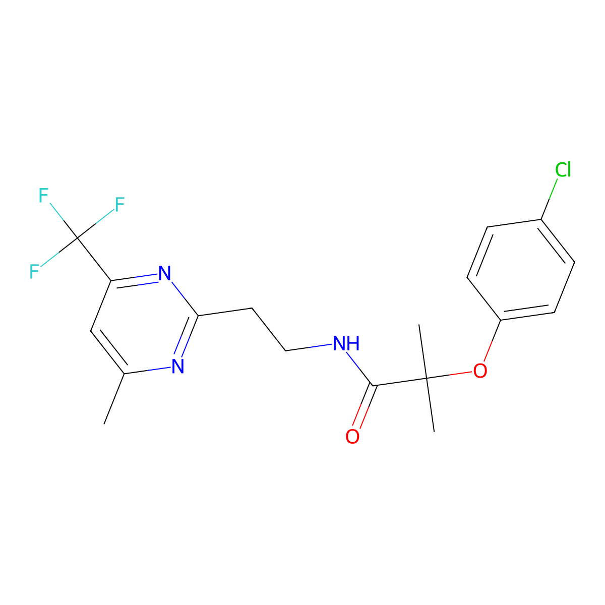 2-(4-chlorophenoxy)-2-methyl-N-{2-[4-methyl-6-(trifluoromethyl)pyrimidin-2-yl]ethyl}propanamide molecular structure, CAS 1421585-35-4