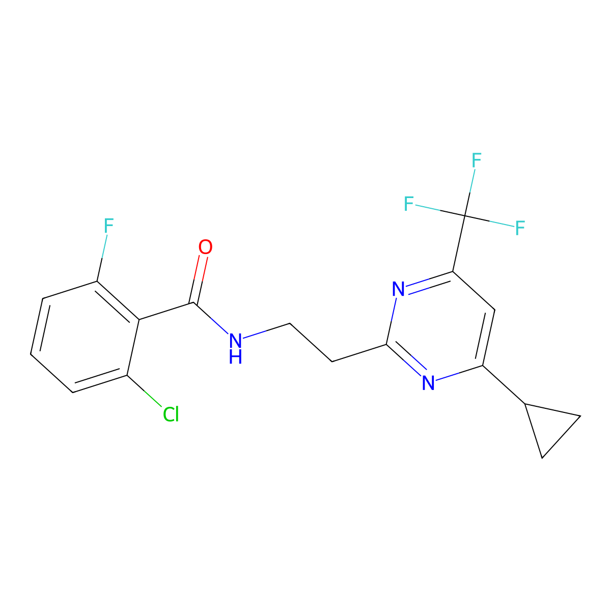 2-chloro-N-{2-[4-cyclopropyl-6-(trifluoromethyl)pyrimidin-2-yl]ethyl}-6-fluorobenzamide molecular structure, CAS 1421585-38-7