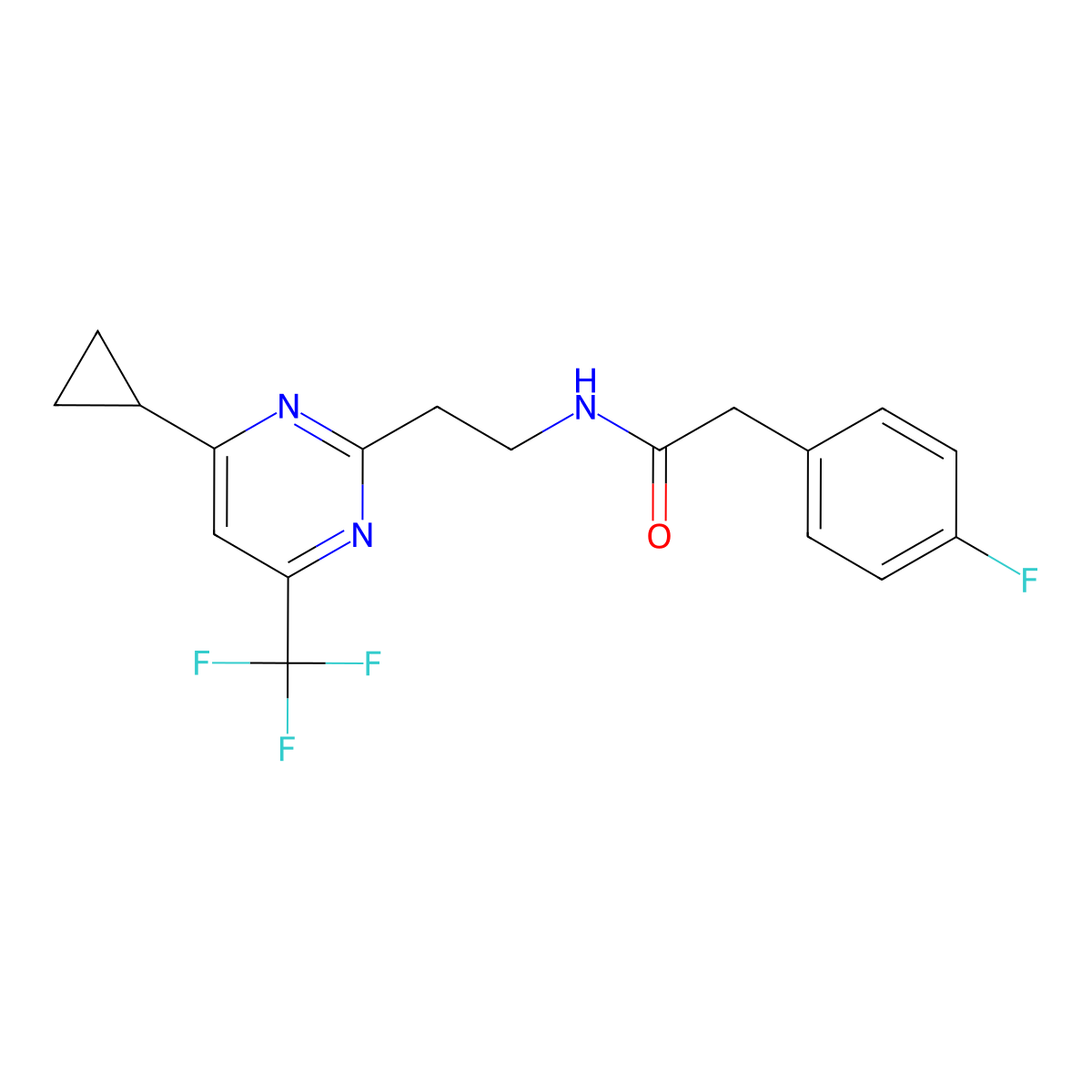 N-(2-(4-cyclopropyl-6-(trifluoromethyl)pyrimidin-2-yl)ethyl)-2-(4-fluorophenyl)acetamide molecular structure, CAS 1421585-39-8