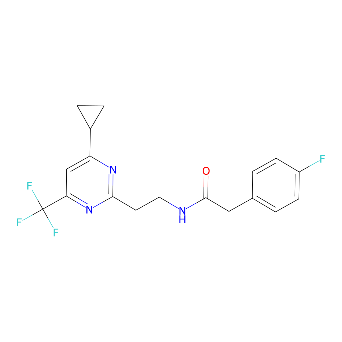 N-(2-(4-cyclopropyl-6-(trifluoromethyl)pyrimidin-2-yl)ethyl)-2-(4-fluorophenyl)acetamide molecular structure, CAS 1421585-39-8