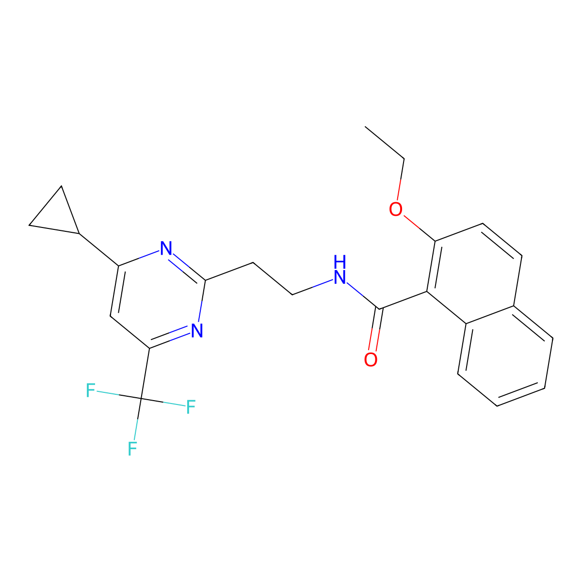 N-(2-(4-cyclopropyl-6-(trifluoromethyl)pyrimidin-2-yl)ethyl)-2-ethoxy-1-naphthamide molecular structure, CAS 1421585-40-1