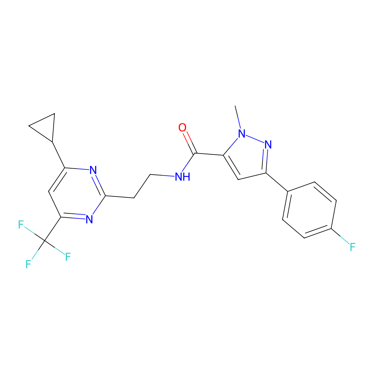 N-{2-[4-cyclopropyl-6-(trifluoromethyl)pyrimidin-2-yl]ethyl}-3-(4-fluorophenyl)-1-methyl-1H-pyrazole-5-carboxamide molecular structure, CAS 1421585-41-2