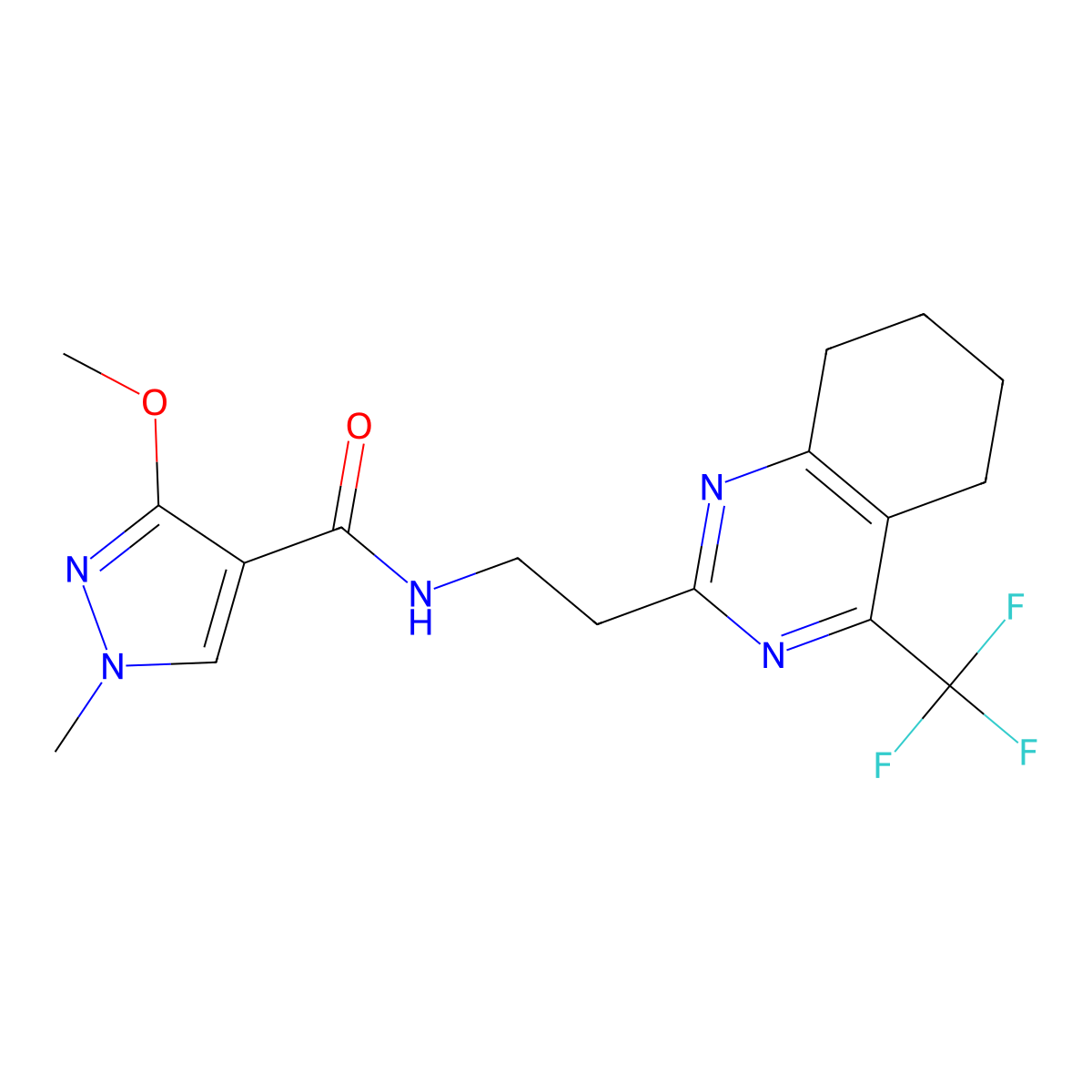 3-methoxy-1-methyl-N-{2-[4-(trifluoromethyl)-5,6,7,8-tetrahydroquinazolin-2-yl]ethyl}-1H-pyrazole-4-carboxamide molecular structure, CAS 1421585-43-4