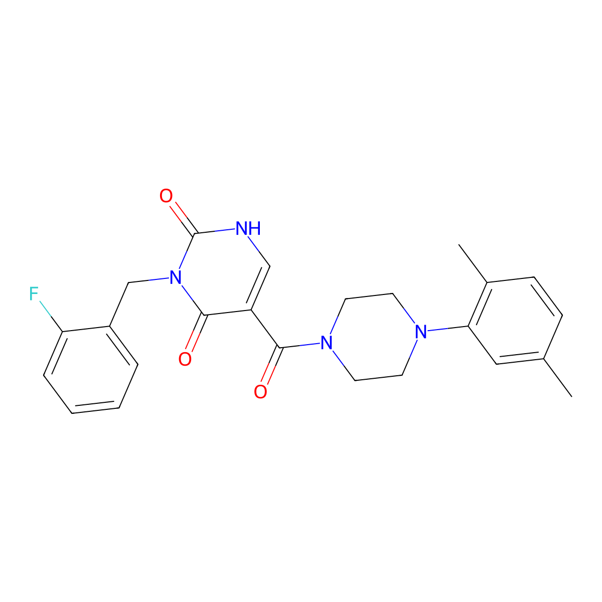 5-(4-(2,5-dimethylphenyl)piperazine-1-carbonyl)-3-(2-fluorobenzyl)pyrimidine-2,4(1H,3H)-dione molecular structure, CAS 1421585-51-4