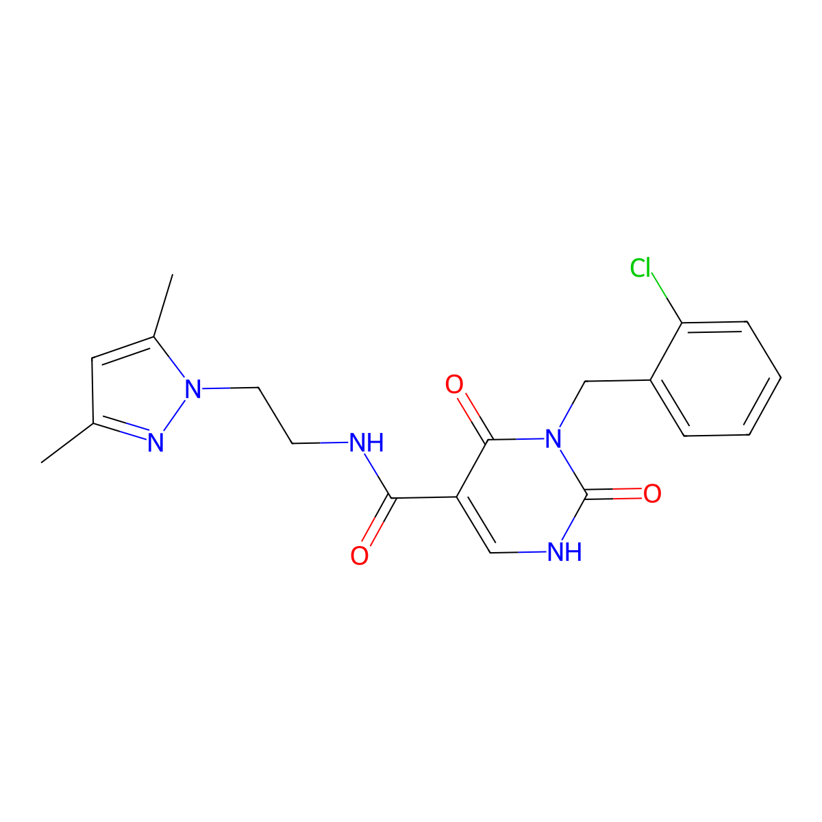 3-(2-chlorobenzyl)-N-(2-(3,5-dimethyl-1H-pyrazol-1-yl)ethyl)-2,4-dioxo-1,2,3,4-tetrahydropyrimidine-5-carboxamide molecular structure, CAS 1421585-52-5