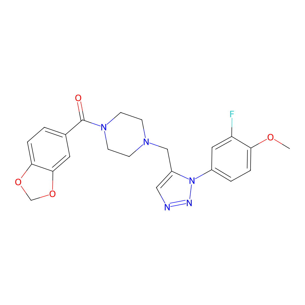 1-(1,3-benzodioxol-5-ylcarbonyl)-4-{[1-(3-fluoro-4-methoxyphenyl)-1H-1,2,3-triazol-5-yl]methyl}piperazine molecular structure, CAS 1421585-81-0