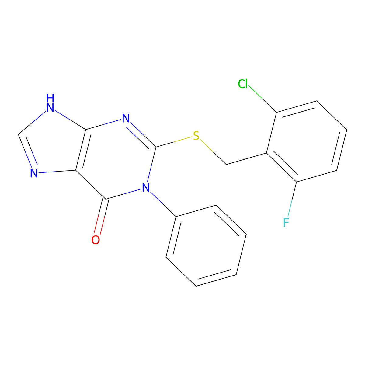 2-{[(2-chloro-6-fluorophenyl)methyl]sulfanyl}-1-phenyl-6,9-dihydro-1H-purin-6-one molecular structure, CAS 1421600-08-9