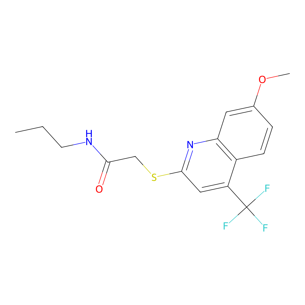 2-{[7-methoxy-4-(trifluoromethyl)quinolin-2-yl]sulfanyl}-N-propylacetamide molecular structure, CAS 1421600-09-0