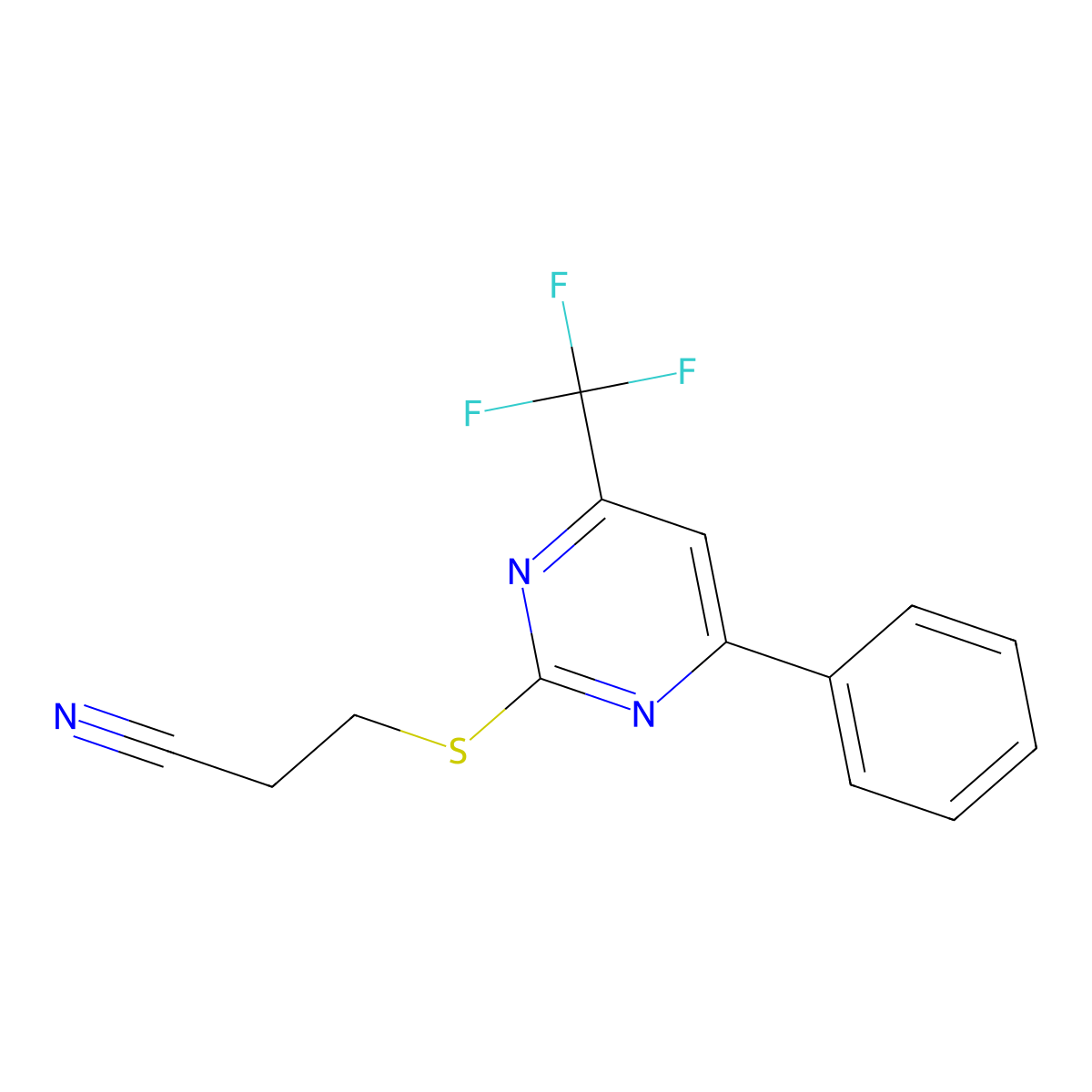 3-{[4-Phenyl-6-(trifluoromethyl)pyrimidin-2-yl]sulfanyl}propanenitrile molecular structure, CAS 1421600-24-9