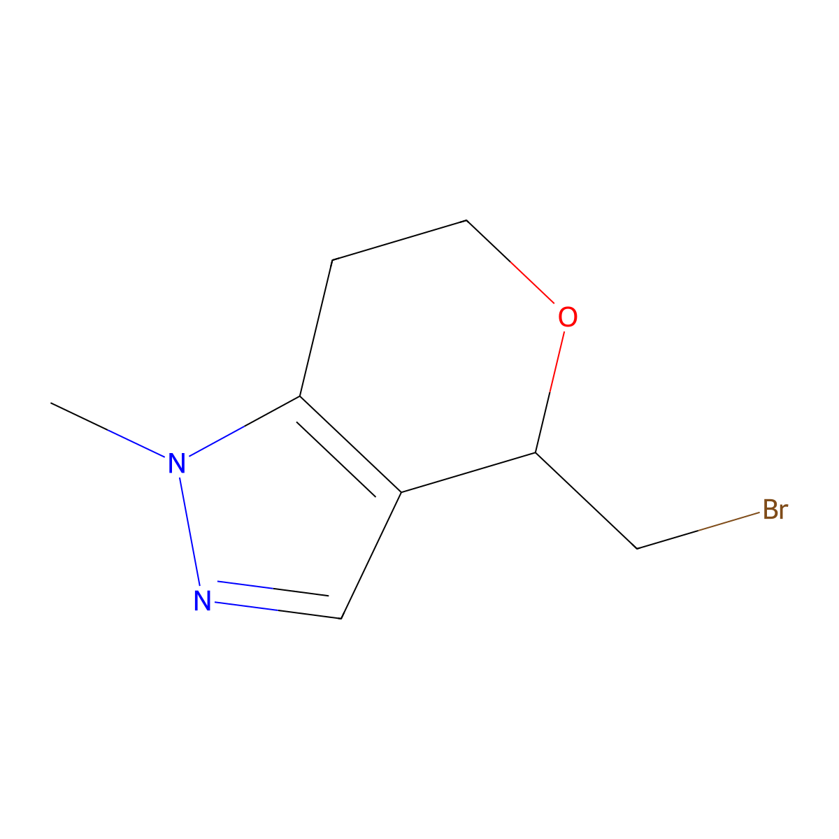 4-(bromomethyl)-1-methyl-1H,4H,6H,7H-pyrano[4,3-c]pyrazole molecular structure, CAS 1421601-12-8