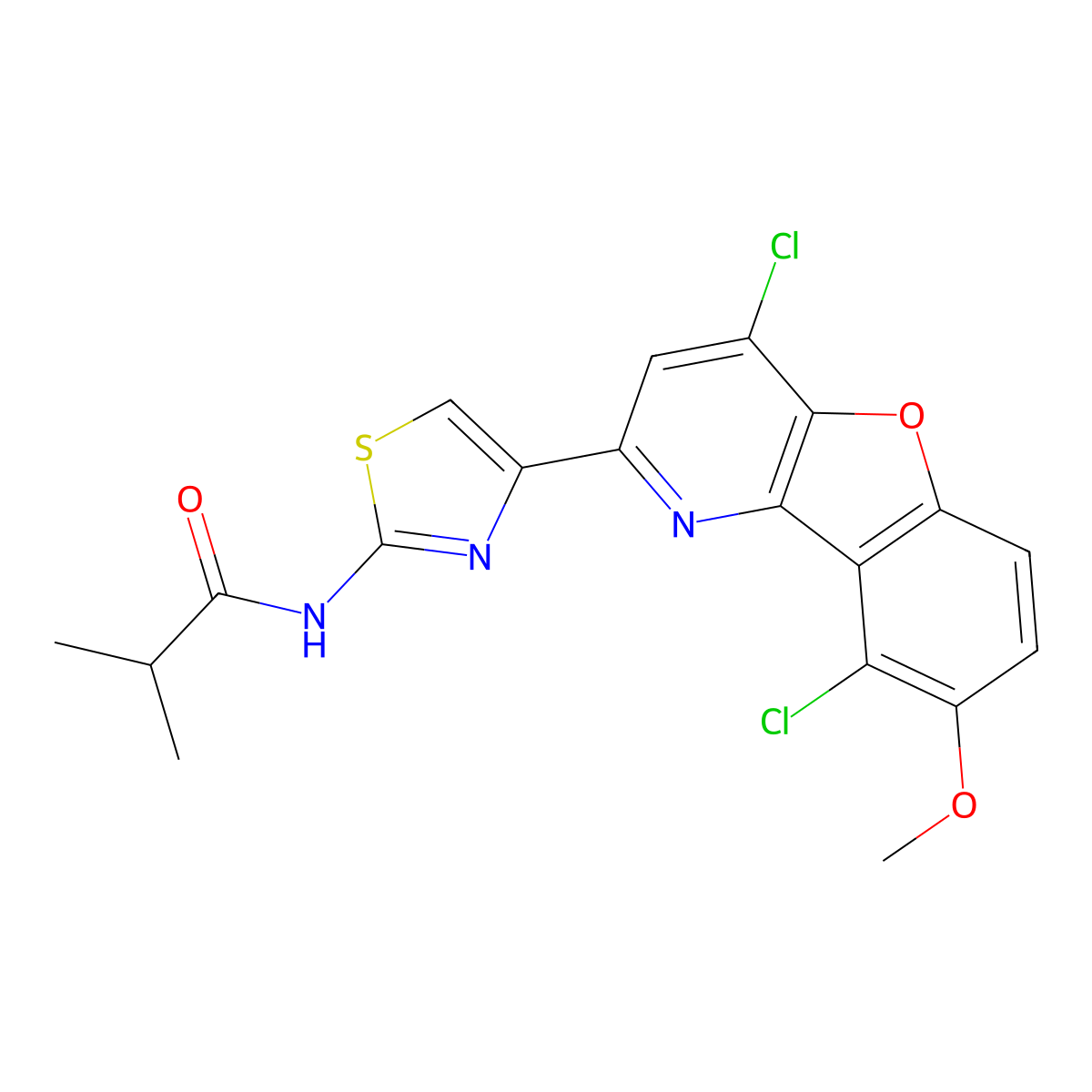 N-(4-(4,9-Dichloro-8-methoxybenzofuro[3,2-b]pyridin-2-yl)thiazol-2-yl)isobutyramide molecular structure, CAS 1421604-41-2