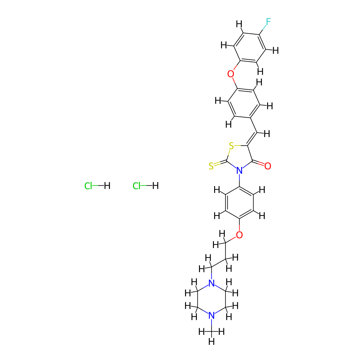 5-{[4-(4-Fluorophenoxy)phenyl]methylidene}-3-{4-[3-(4-methylpiperazin-1-yl)propoxy]phenyl}-2-sulfanylidene-1,3-thiazolidin-4-one dihydrochloride molecular structure, CAS 1421612-25-0