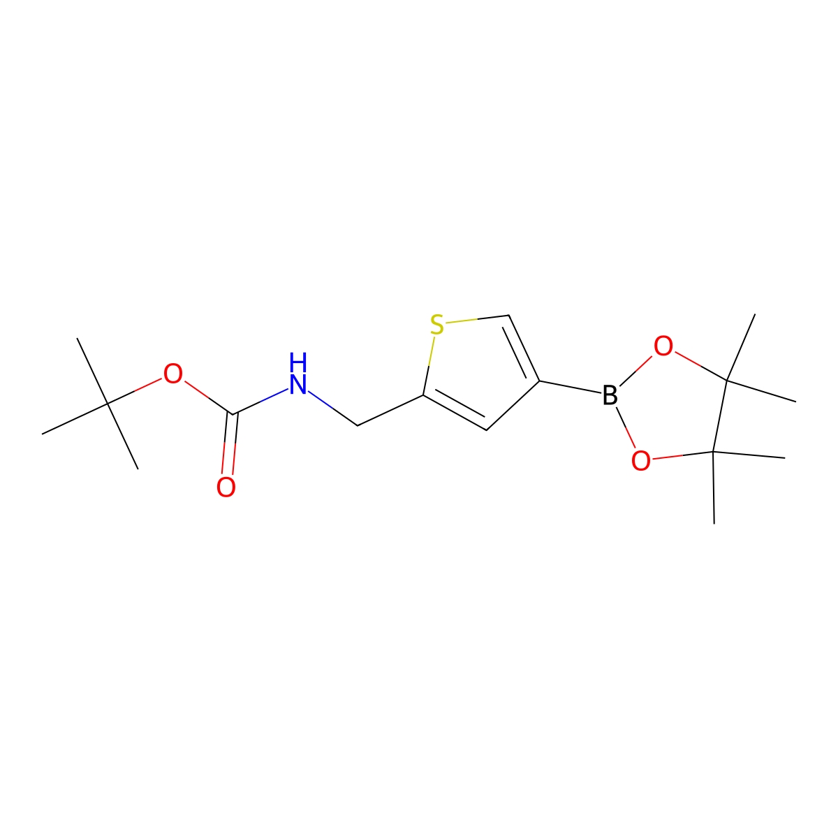 tert-Butyl ((4-(4,4,5,5-tetramethyl-1,3,2-dioxaborolan-2-yl)thiophen-2-yl)methyl)carbamate molecular structure, CAS 1421780-46-2
