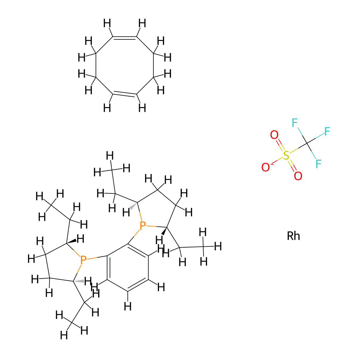 1,2-Bis[(2S,5S)-2,5-diethylphospholano]benzene(1,5-cyclooctadiene)rhodium(I) trifluoromethanesulfonate , (S,S)-Et-DUPHOS-Rh OTf molecular structure, CAS 142184-30-3