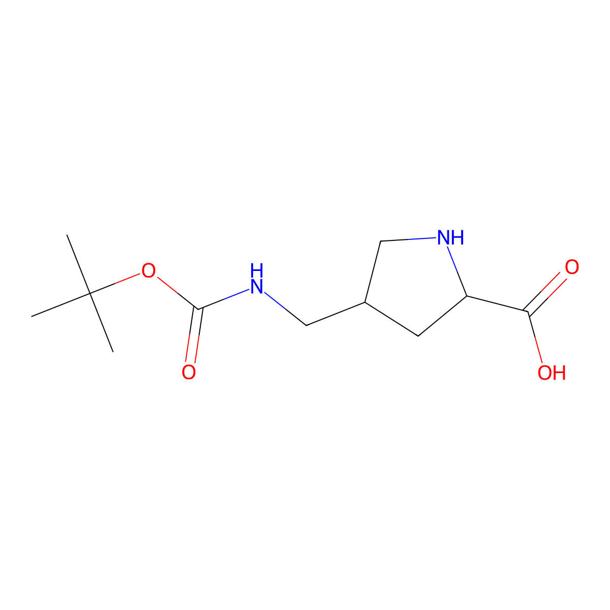 (2R,4r)-4-(((tert-butoxycarbonyl)amino)methyl)pyrrolidine-2-carboxylic acid molecular structure, CAS 1421844-25-8