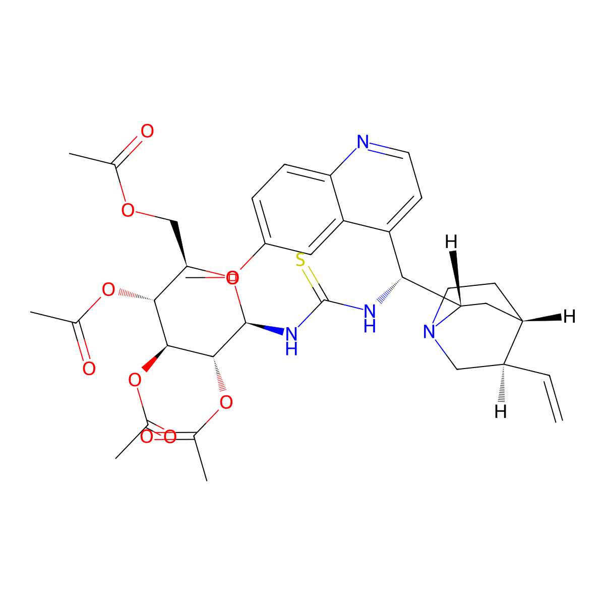 (2R,3R,4S,5R,6R)-2-(acetoxymethyl)-6-(3-((R)-(6-methoxyquinolin-4-yl)((1S,2S,4S,5R)-5-vinylquinuclidin-2-yl)methyl)thioureido)tetrahydro-2H-pyran-3,4,5-triyl triacetate molecular structure, CAS 1421852-79-0