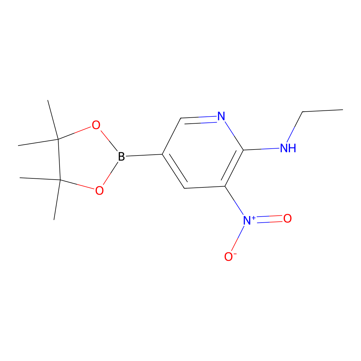 N-Ethyl-3-nitro-5-(tetramethyl-1,3,2-dioxaborolan-2-yl)pyridin-2-amine molecular structure, CAS 1421854-75-2