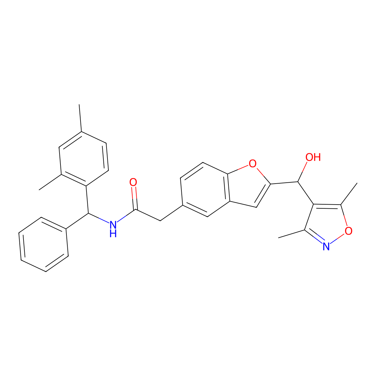 2-(2-((R)-(3,5-Dimethylisoxazol-4-yl)(hydroxy)methyl)benzofuran-5-yl)-N-((S)-(2,4-dimethylphenyl)(phenyl)methyl)acetamide molecular structure, CAS 1422053-03-9