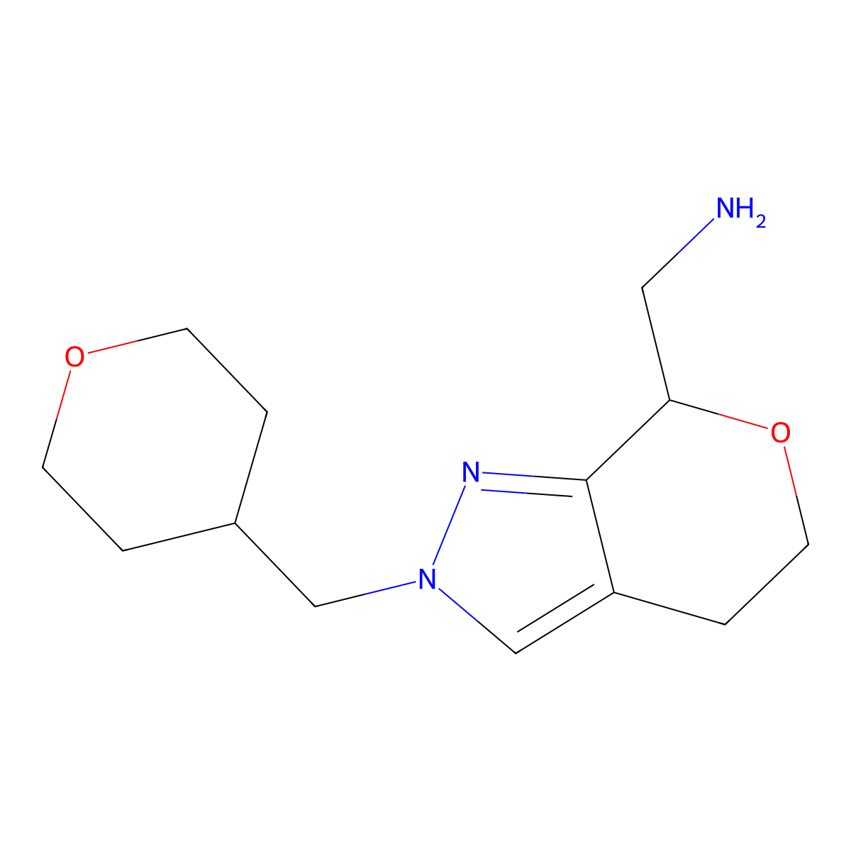 (2-((Tetrahydro-2H-pyran-4-yl)methyl)-2,4,5,7-tetrahydropyrano[3,4-c]pyrazol-7-yl)methanamine molecular structure, CAS 1422059-58-2