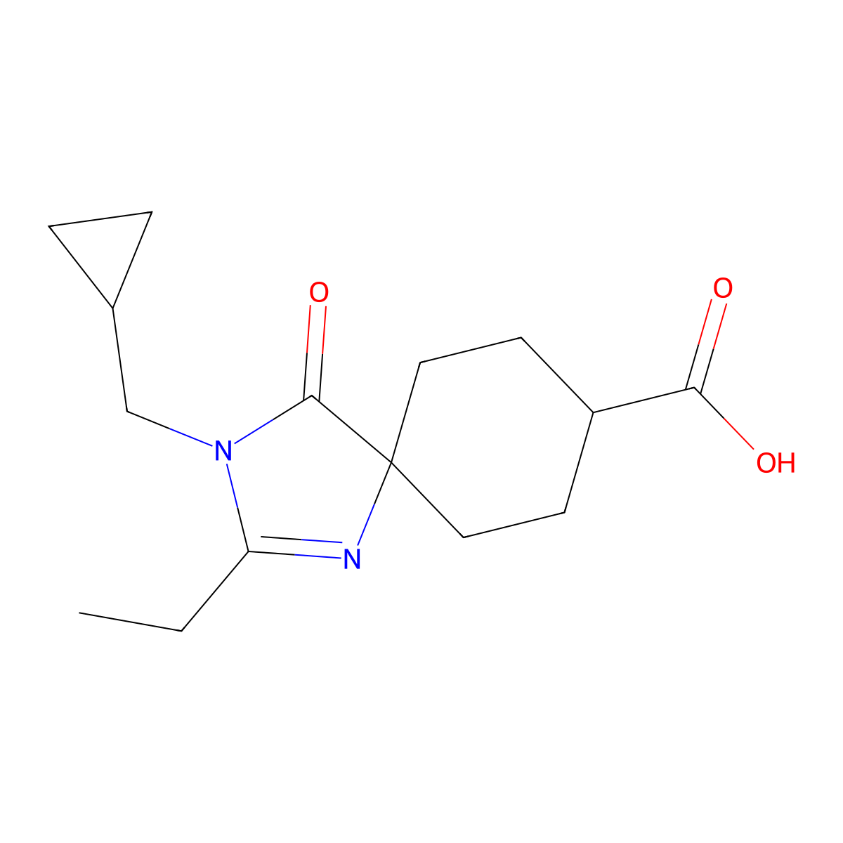 3-(Cyclopropylmethyl)-2-ethyl-4-oxo-1,3-diazaspiro[4.5]dec-1-ene-8-carboxylic acid molecular structure, CAS 1422060-26-1