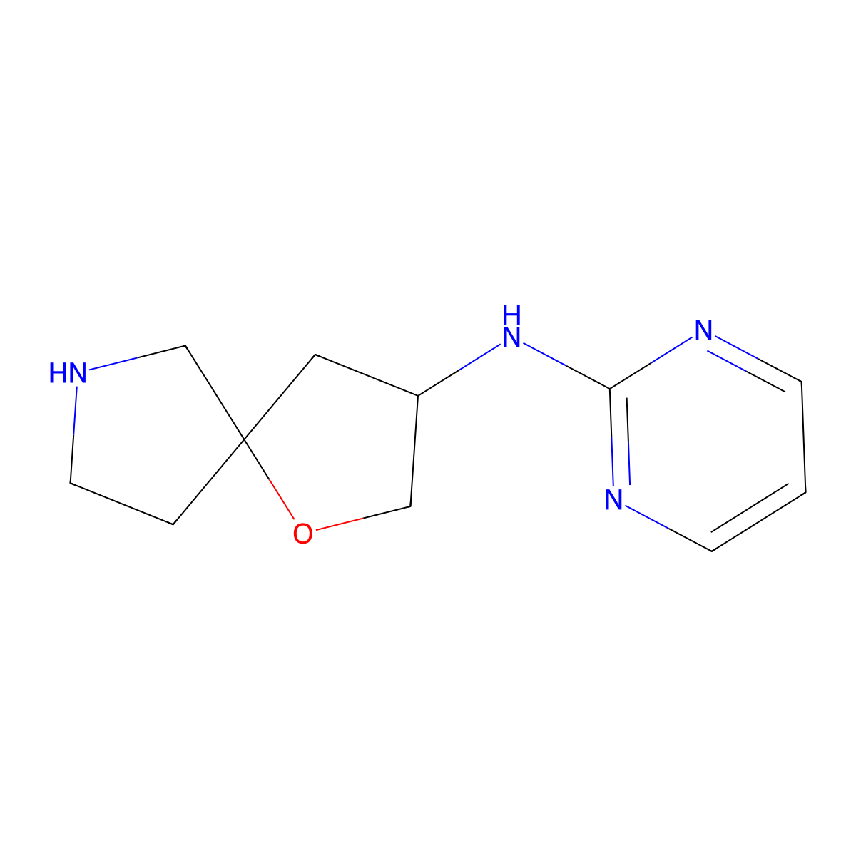 N-(Pyrimidin-2-yl)-1-oxa-7-azaspiro[4.4]nonan-3-amine molecular structure, CAS 1422060-29-4