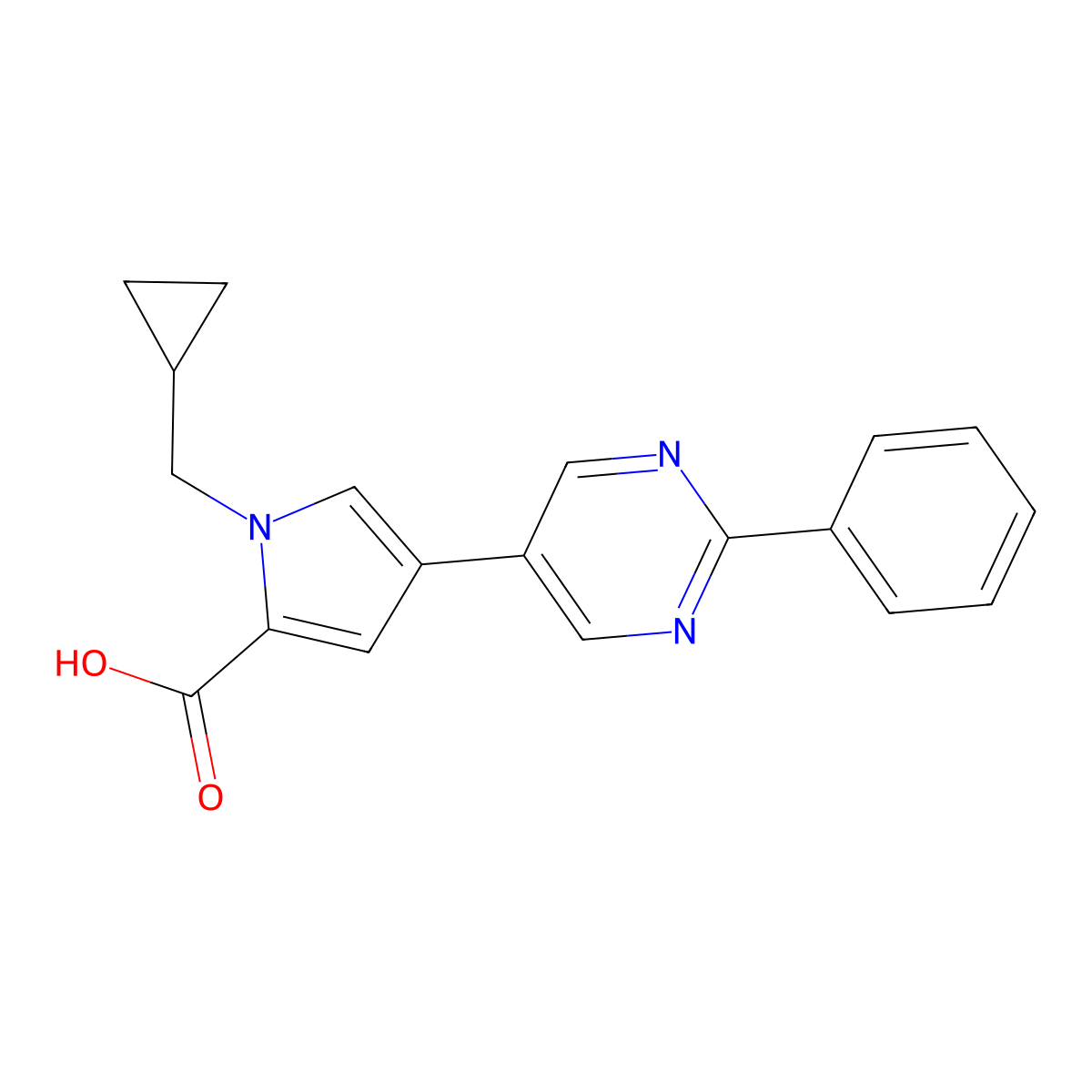 1-(Cyclopropylmethyl)-4-(2-phenylpyrimidin-5-yl)-1H-pyrrole-2-carboxylic acid molecular structure, CAS 1422060-99-8