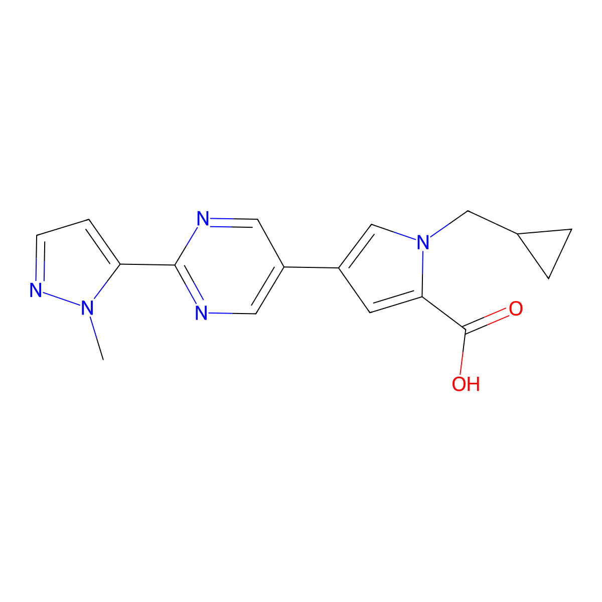 1-(Cyclopropylmethyl)-4-(2-(1-methyl-1H-pyrazol-5-yl)pyrimidin-5-yl)-1H-pyrrole-2-carboxylic acid molecular structure, CAS 1422063-24-8