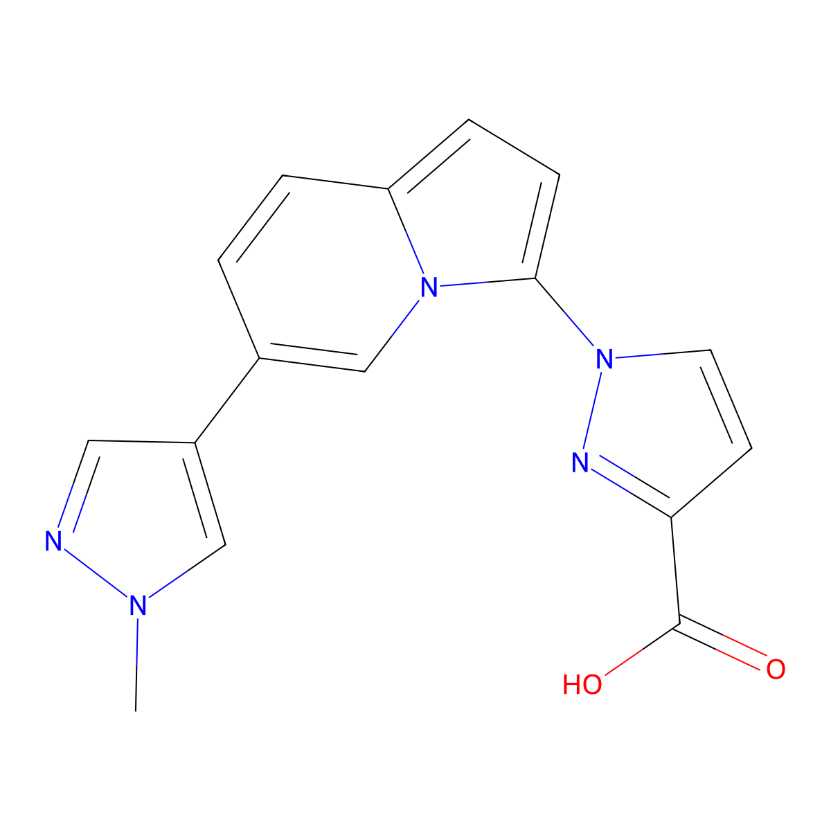1-(6-(1-Methyl-1H-pyrazol-4-yl)indolizin-3-yl)-1H-pyrazole-3-carboxylic acid molecular structure, CAS 1422063-51-1