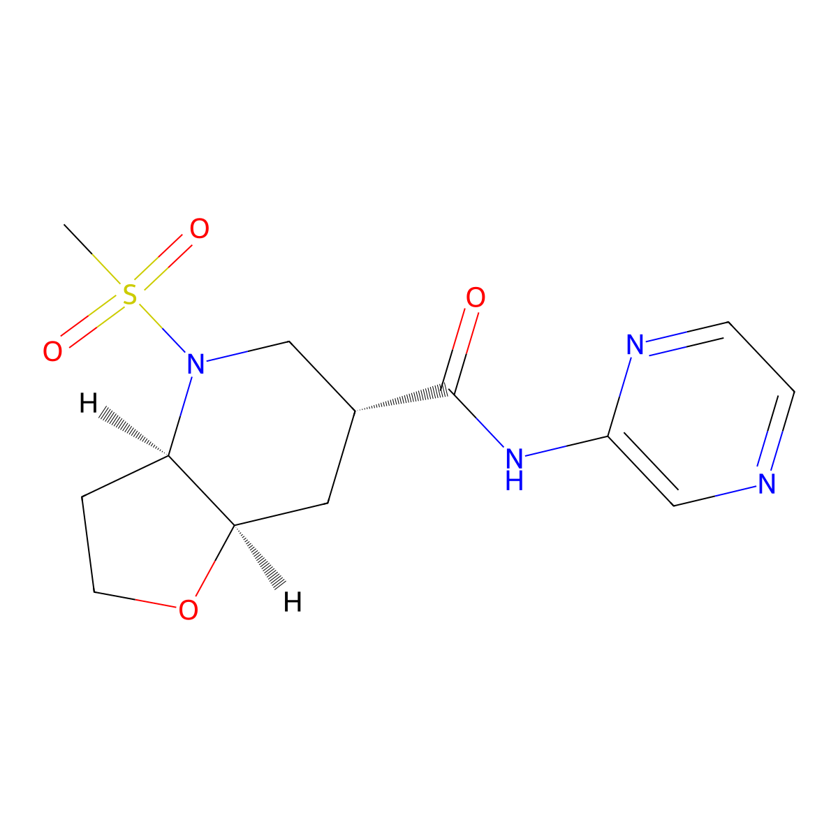 rel-(3aR,6R,7aR)-4-(methylsulfonyl)-N-(pyrazin-2-yl)octahydrofuro[3,2-b]pyridine-6-carboxamide molecular structure, CAS 1422067-59-1