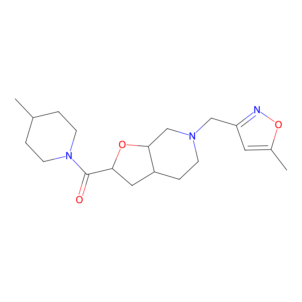 rel-((2S,3aS,7aS)-6-((5-methylisoxazol-3-yl)methyl)octahydrofuro[2,3-c]pyridin-2-yl)(4-methylpiperidin-1-yl)methanone molecular structure, CAS 1422069-51-9