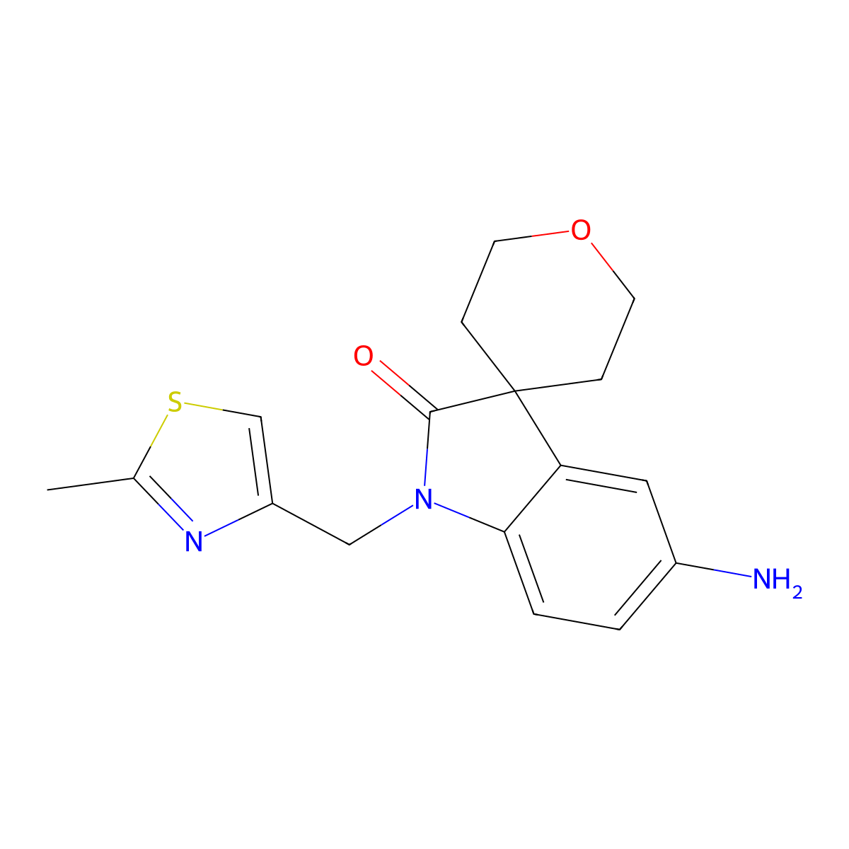 5-Amino-1-((2-methylthiazol-4-yl)methyl)-2',3',5',6'-tetrahydrospiro[indoline-3,4'-pyran]-2-one molecular structure, CAS 1422069-55-3