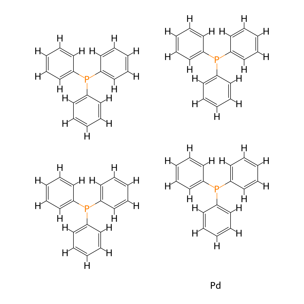 Tetrakis(triphenylphosphine)palladium , Pd(PPh3)4 molecular structure, CAS 14221-01-3