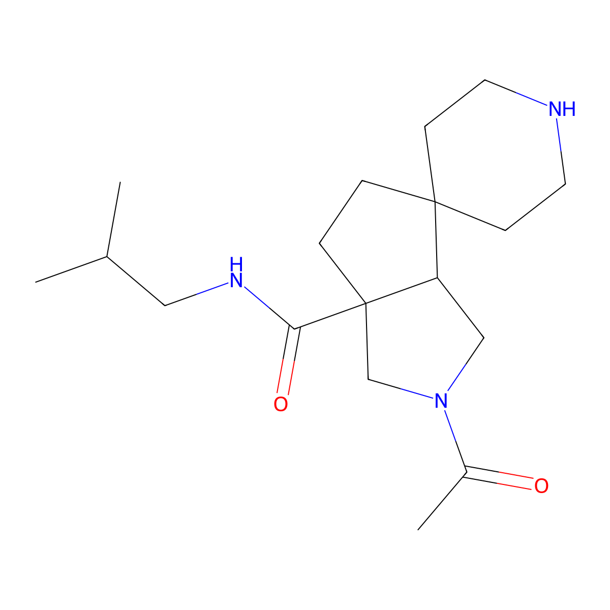 rel-(3aS,6aS)-2-acetyl-N-isobutylhexahydro-1H-spiro[cyclopenta[c]pyrrole-4,4'-piperidine]-6a-carboxamide molecular structure, CAS 1422133-86-5