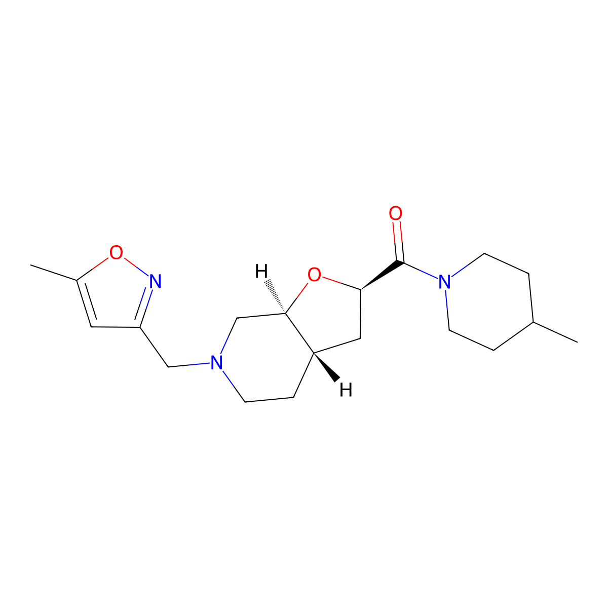 rel-((2R,3aS,7aS)-6-((5-methylisoxazol-3-yl)methyl)octahydrofuro[2,3-c]pyridin-2-yl)(4-methylpiperidin-1-yl)methanone molecular structure, CAS 1422136-81-9