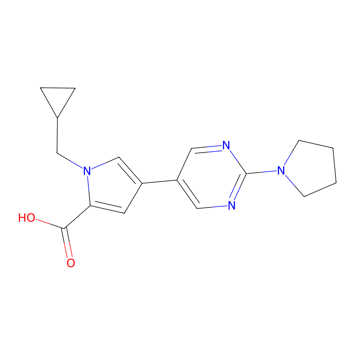 1-(Cyclopropylmethyl)-4-(2-(pyrrolidin-1-yl)pyrimidin-5-yl)-1H-pyrrole-2-carboxylic acid molecular structure, CAS 1422138-39-3