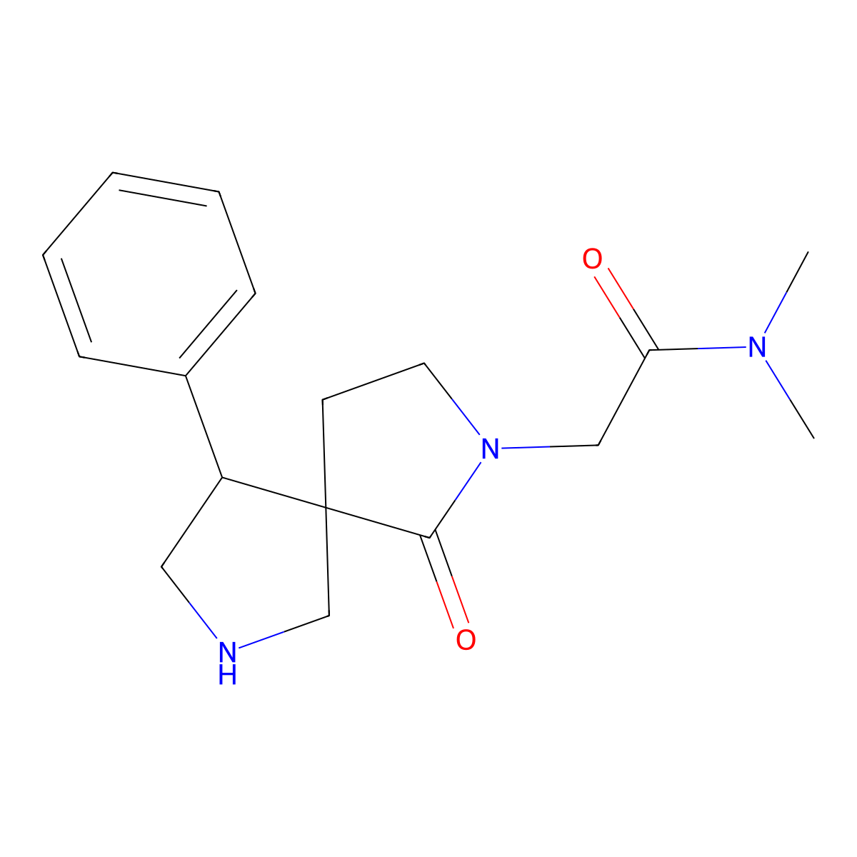 N,N-dimethyl-2-((5S,9S)-1-oxo-9-phenyl-2,7-diazaspiro[4.4]nonan-2-yl)acetamide molecular structure, CAS 1422138-86-0