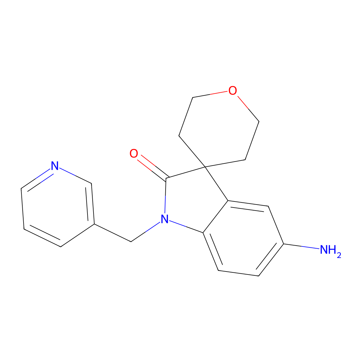 5-Amino-1-(pyridin-3-ylmethyl)-2',3',5',6'-tetrahydrospiro[indoline-3,4'-pyran]-2-one molecular structure, CAS 1422139-83-0