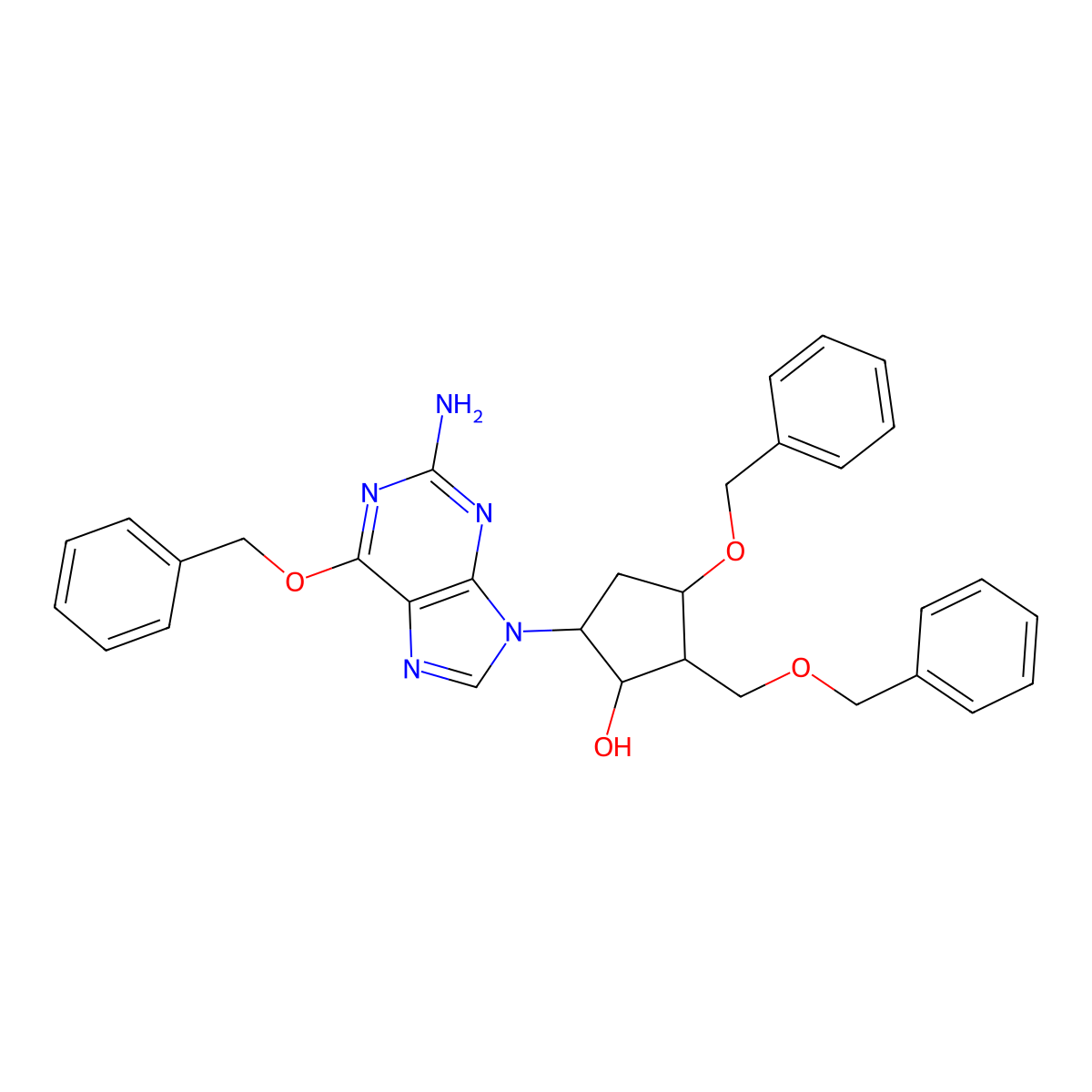 (1S,2S,3S,5S)-5-(2-Amino-6-(benzyloxy)-9H-purin-9-yl)-3-(benzyloxy)-2-(benzyloxymethyl)cyclopentanol molecular structure, CAS 142217-77-4